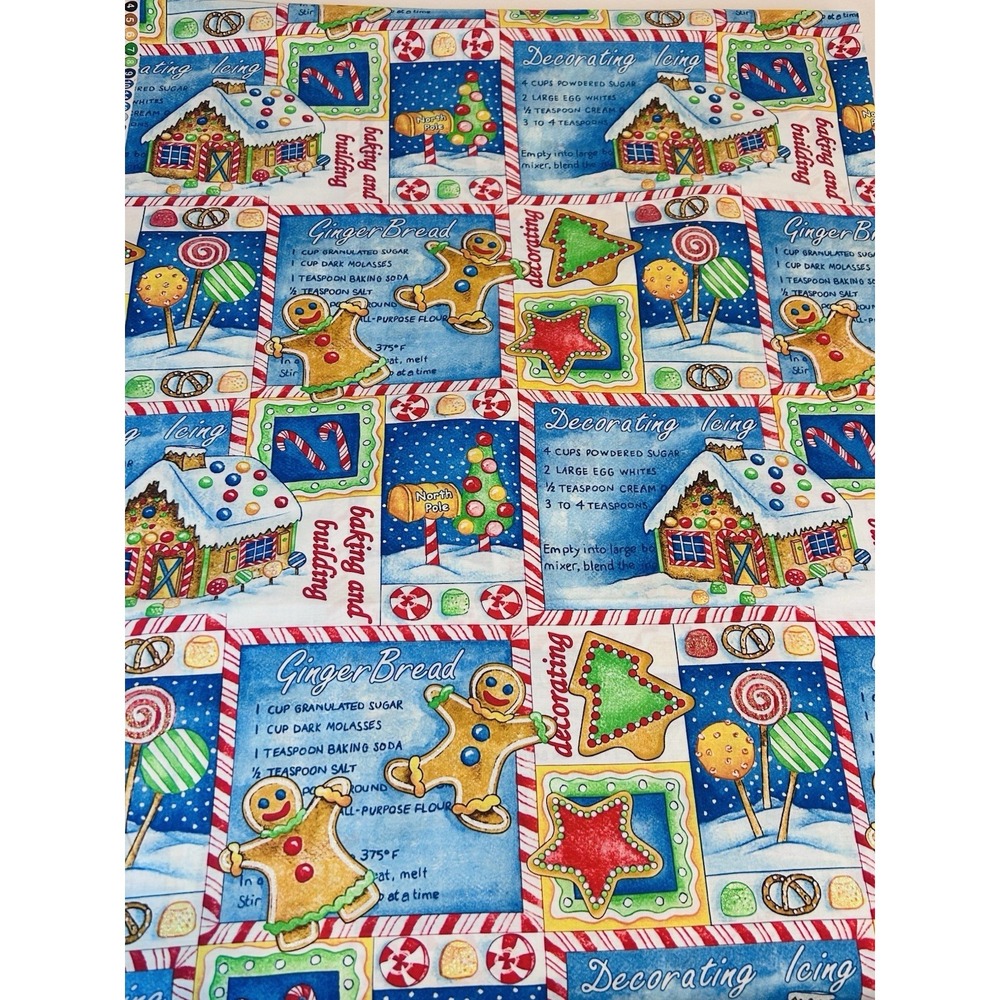 Gingerbread Christmas Man House Recipe Fabric Blue By the Yards 44" Wide